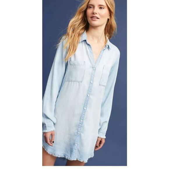 Cloth and Stone Blue Chambray Short Shirt Dress Button Collar Long Sleeve Small - Picture 1 of 11